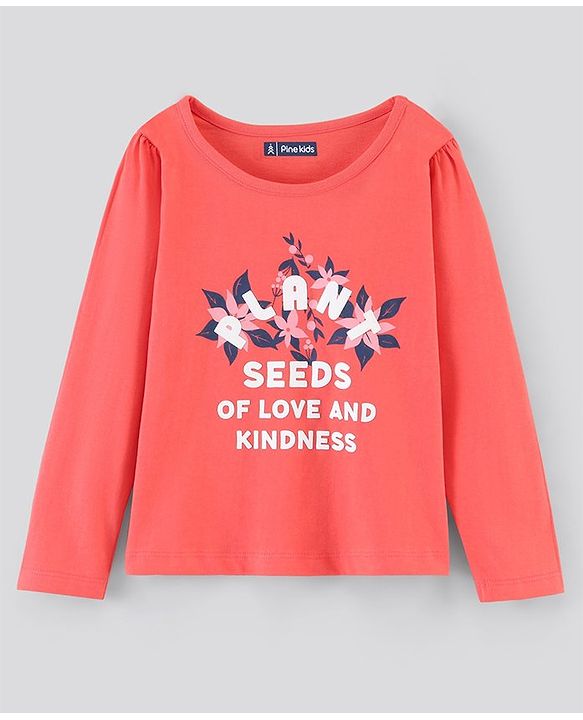 Pine Kids Bio Washed Full Sleeves T-Shirt Floral Print - Hot Coral