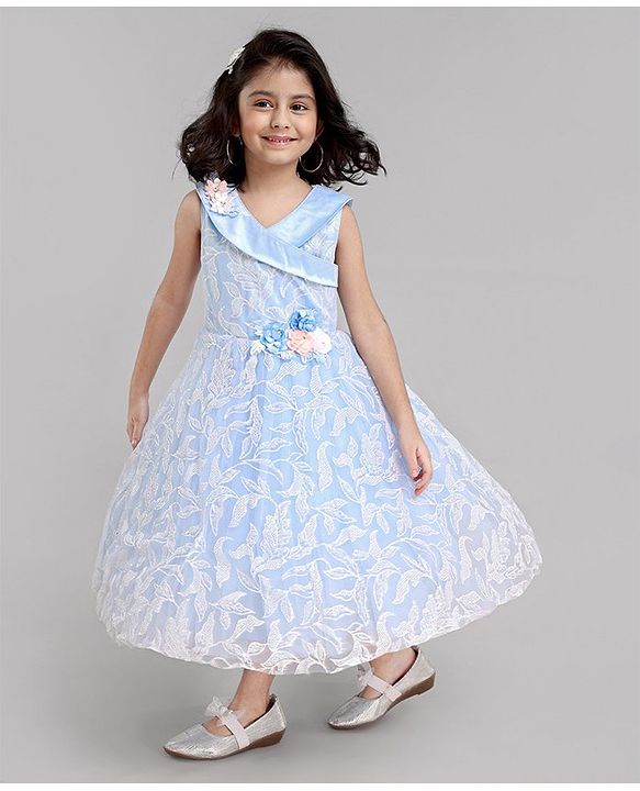 Babyhug Sleeveless Party Wear Dress Floral Appliques - Frozen Blue