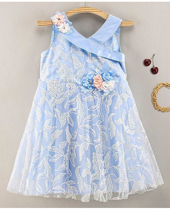 Babyhug Sleeveless Party Wear Dress Floral Appliques - Frozen Blue
