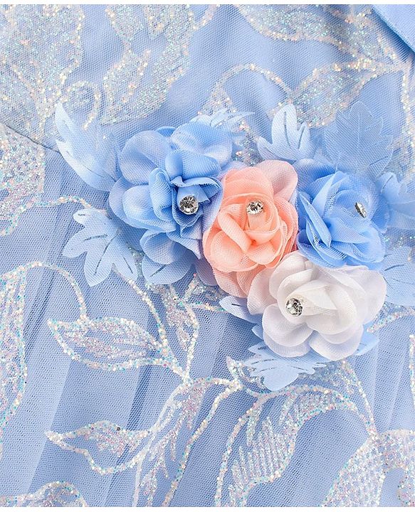 Babyhug Sleeveless Party Wear Dress Floral Appliques - Frozen Blue