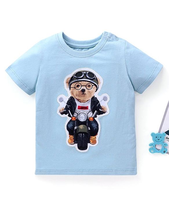 Babyhug Half Sleeves T-Shirt Riding Bear Patch - Blue