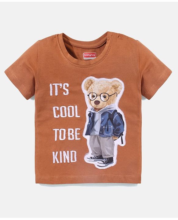 Babyhug Cotton Half Sleeves T-Shirt Bear Patch - Brown