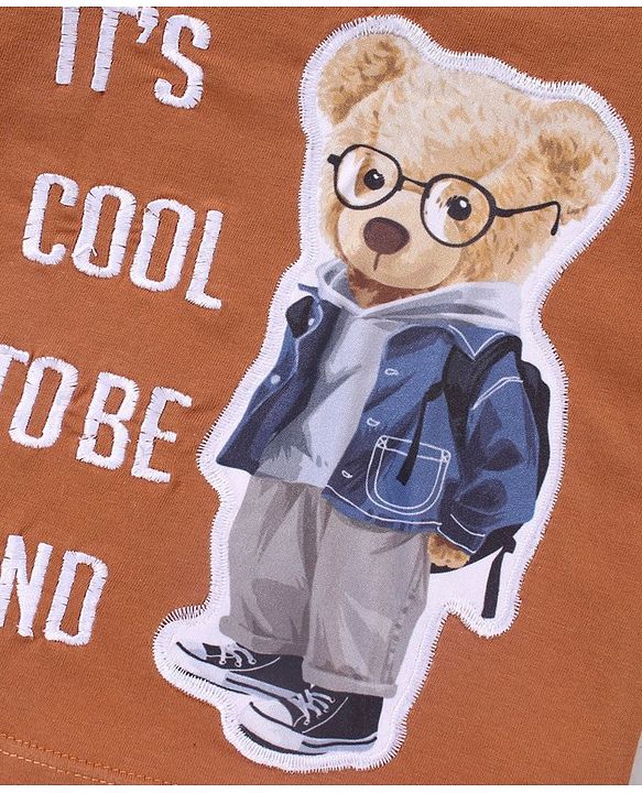 Babyhug Cotton Half Sleeves T-Shirt Bear Patch - Brown