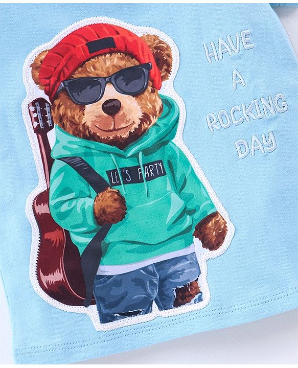 Babyhug Cotton Knit Half Sleeves T-shirt Bear Patch with Embroidery - Blue