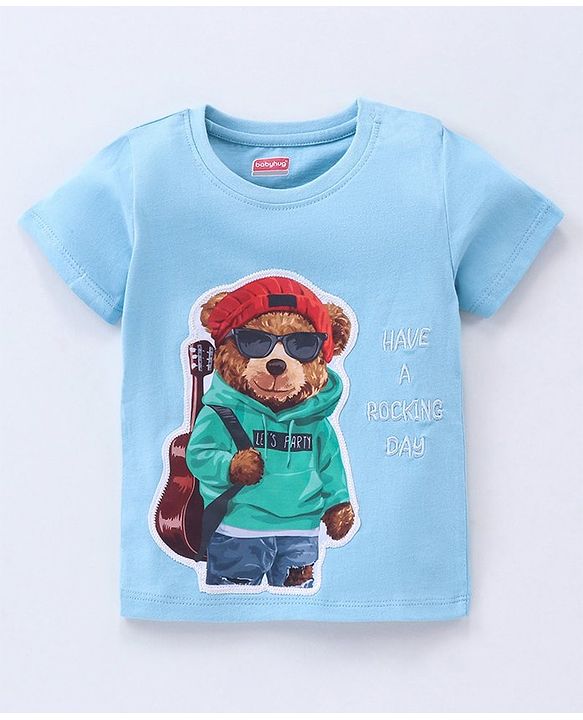 Babyhug Cotton Knit Half Sleeves T-shirt Bear Patch with Embroidery - Blue