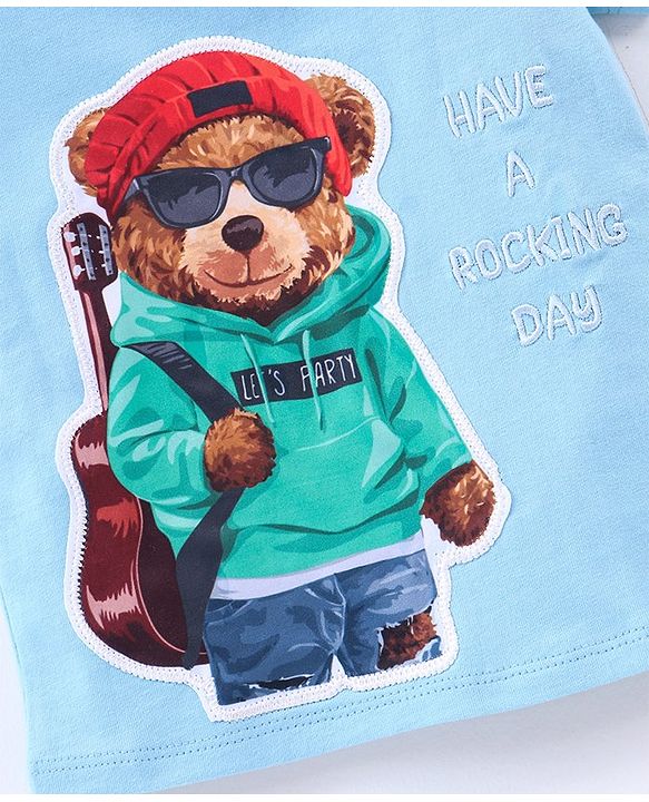 Babyhug Cotton Knit Half Sleeves T-shirt Bear Patch with Embroidery - Blue