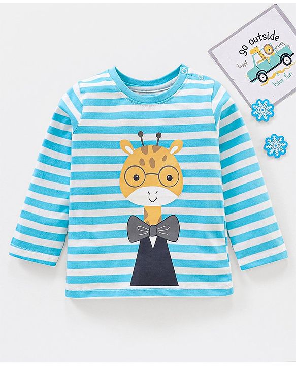 Babyhug Cotton Full Sleeves Giraffe Print & Stripes T-Shirt - Blue