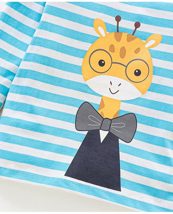 Babyhug Cotton Full Sleeves Giraffe Print & Stripes T-Shirt - Blue