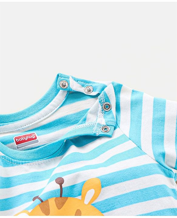 Babyhug Cotton Full Sleeves Giraffe Print & Stripes T-Shirt - Blue