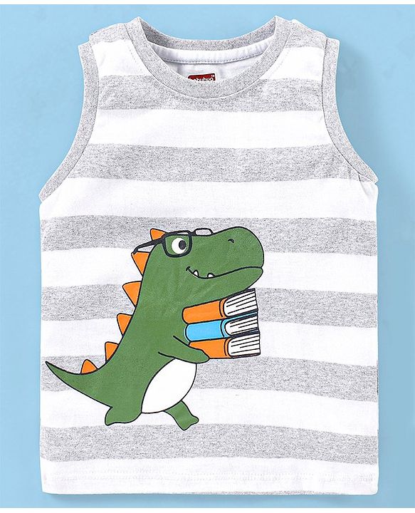 Babyhug Cotton Jersey Knit Sleeveless Striped T-Shirt Dino Print - Grey Melange
