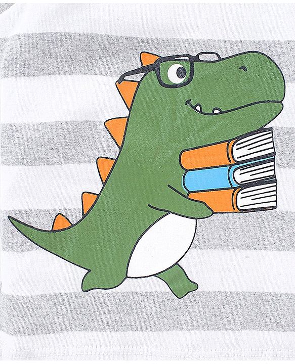 Babyhug Cotton Jersey Knit Sleeveless Striped T-Shirt Dino Print - Grey Melange