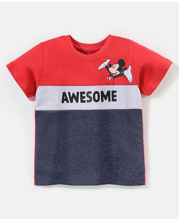 Babyhug Cotton Half Sleeves T-Shirts Awesome  Micky Mouse Print - Red & Navy Blue