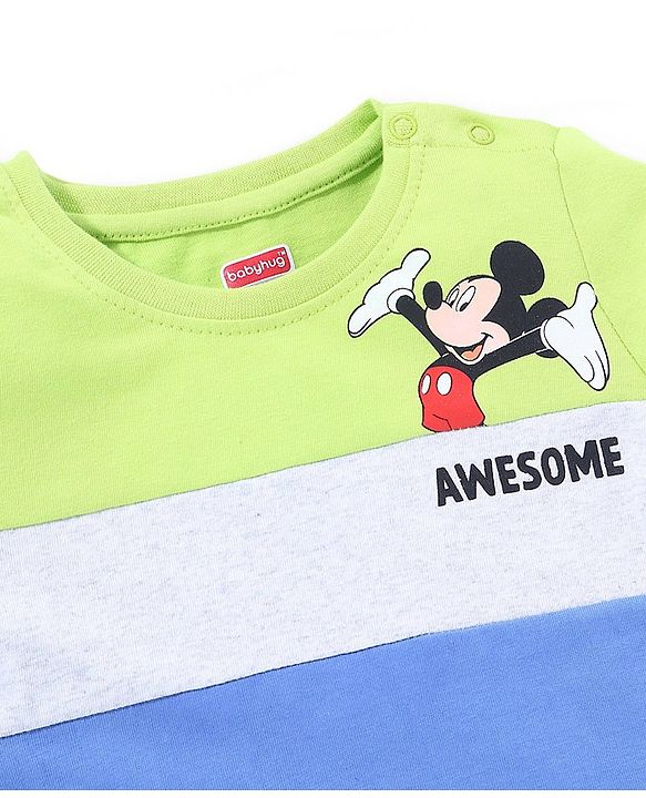 Babyhug Cotton Knit Half Sleeves Cut & Sew T-Shirt Mickey Mouse Print - Blue & Green