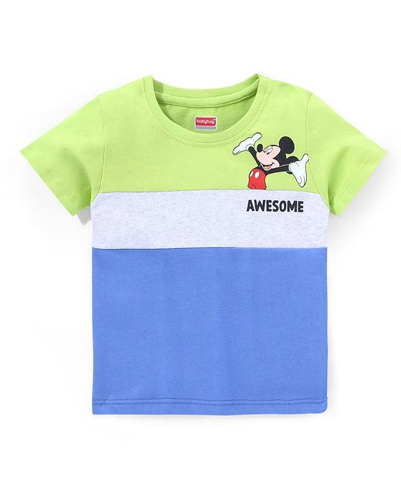 Babyhug Cotton Knit Half Sleeves Cut & Sew T-Shirt Mickey Mouse Print - Blue & Green
