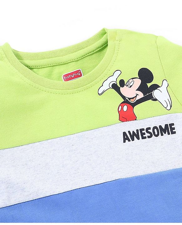 Babyhug Cotton Knit Half Sleeves Cut & Sew T-Shirt Mickey Mouse Print - Blue & Green