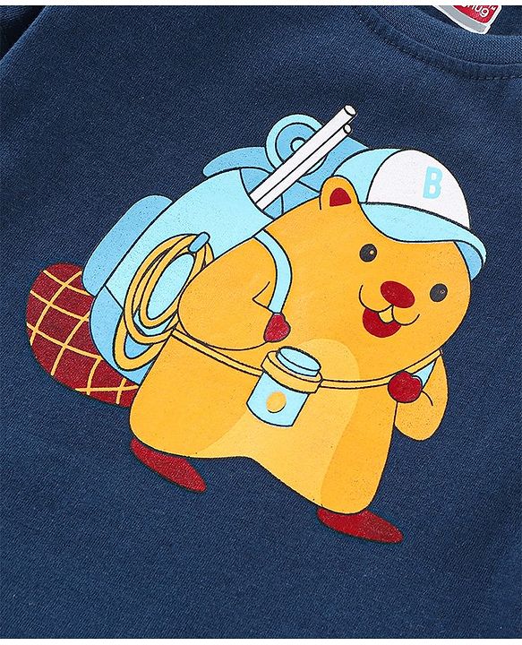 Babyhug Cotton Half Sleeves Beaver Print T-Shirt - Blue