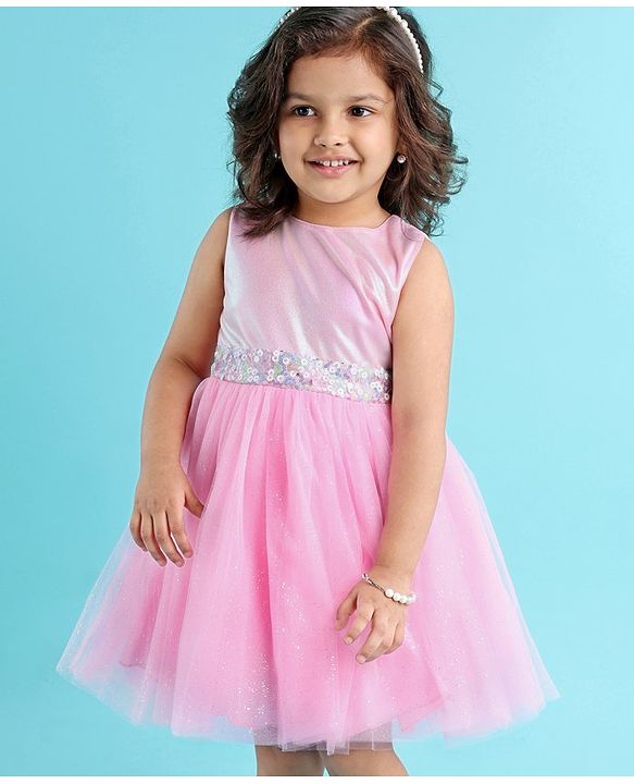 Babyhug Sleeveless Party Wear Frock Sequinned & Foil Print - Pink