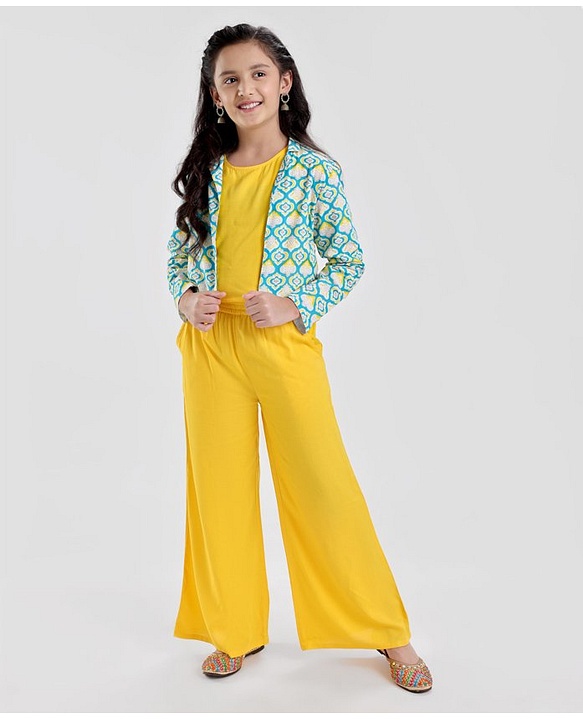 Pine Kids Cotton Woven Kurti Palazzo Set with Shrug - Yellow