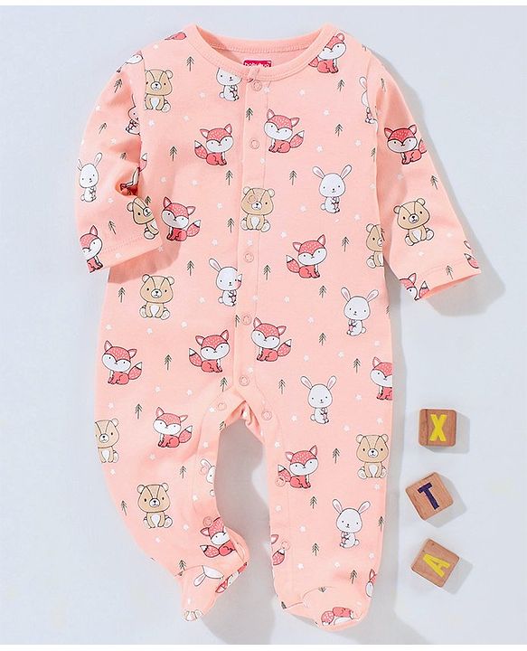 Babyhug 100% Cotton Full Sleeves Footed Sleep Suit Fox Print - Peach