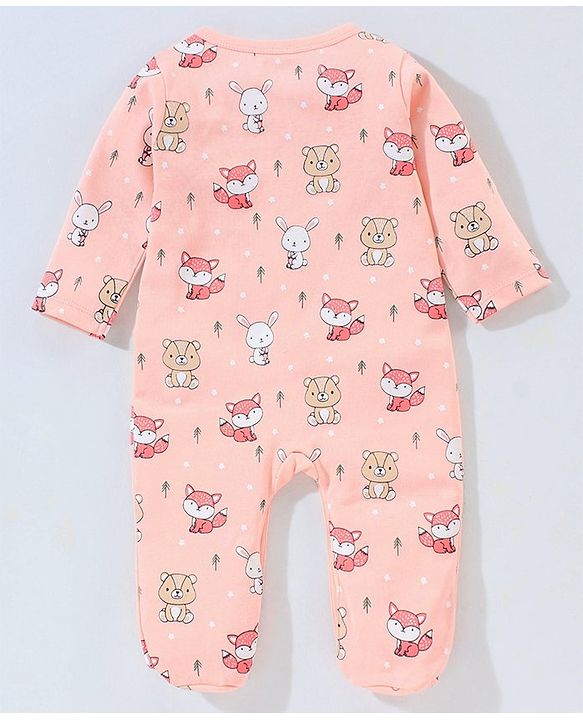 Babyhug 100% Cotton Full Sleeves Footed Sleep Suit Fox Print - Peach