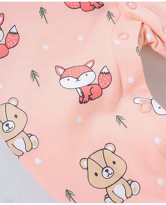 Babyhug 100% Cotton Full Sleeves Footed Sleep Suit Fox Print - Peach