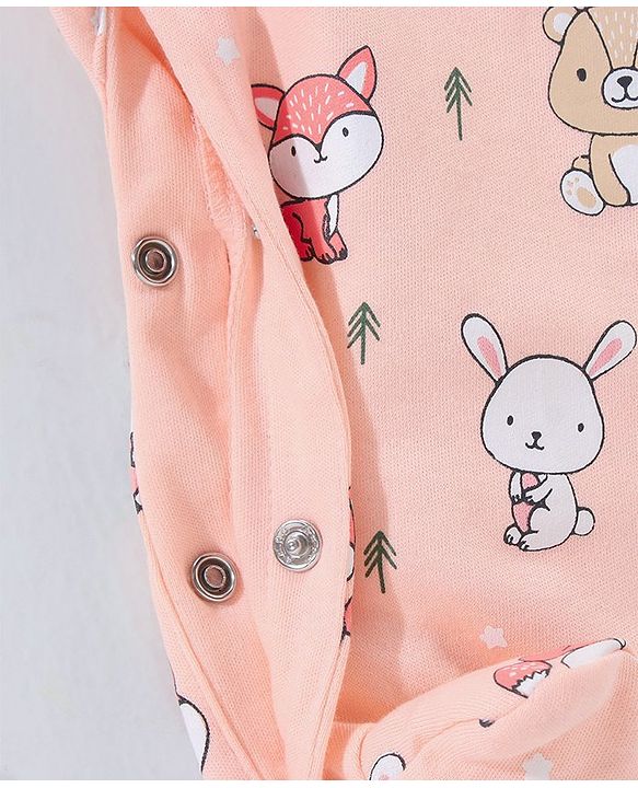 Babyhug 100% Cotton Full Sleeves Footed Sleep Suit Fox Print - Peach