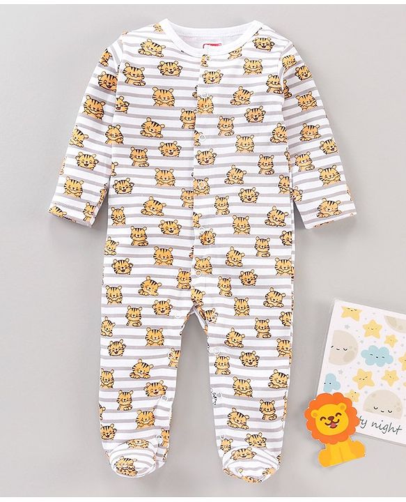 Babyhug Cotton Knit Full Sleeves Footed Sleepsuits Tiger Printed - Grey Mélange