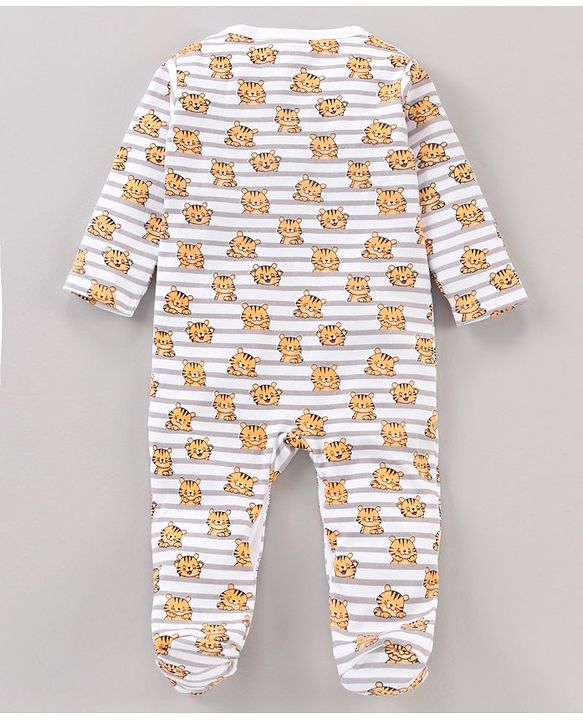Babyhug Cotton Knit Full Sleeves Footed Sleepsuits Tiger Printed - Grey Mélange
