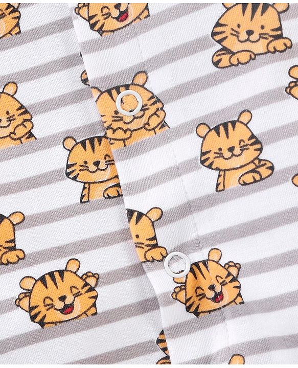 Babyhug Cotton Knit Full Sleeves Footed Sleepsuits Tiger Printed - Grey Mélange