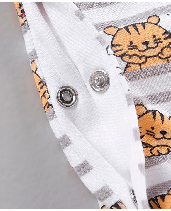 Babyhug Cotton Knit Full Sleeves Footed Sleepsuits Tiger Printed - Grey Mélange