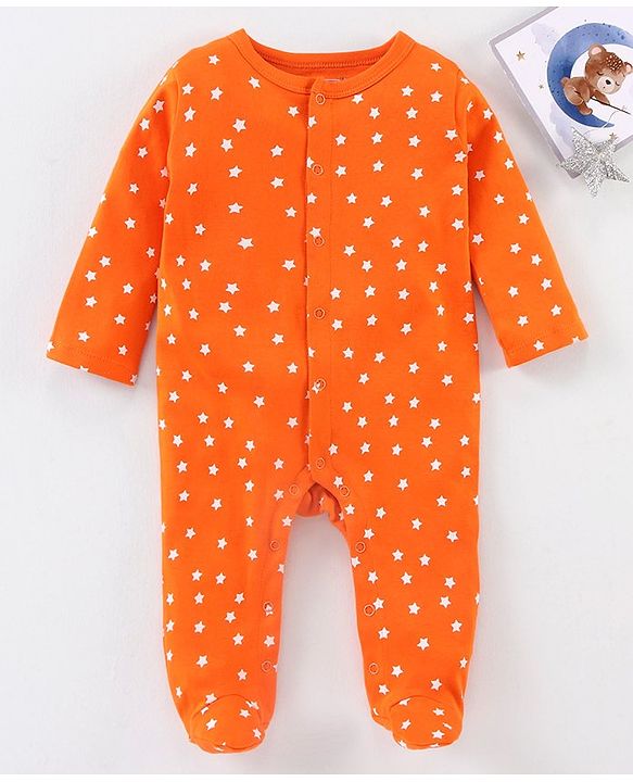 Babyhug Full Sleeves Footed Sleepsuit Star Print - Orange