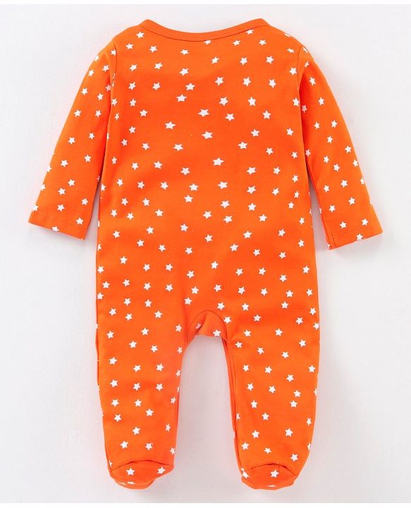Babyhug Full Sleeves Footed Sleepsuit Star Print - Orange