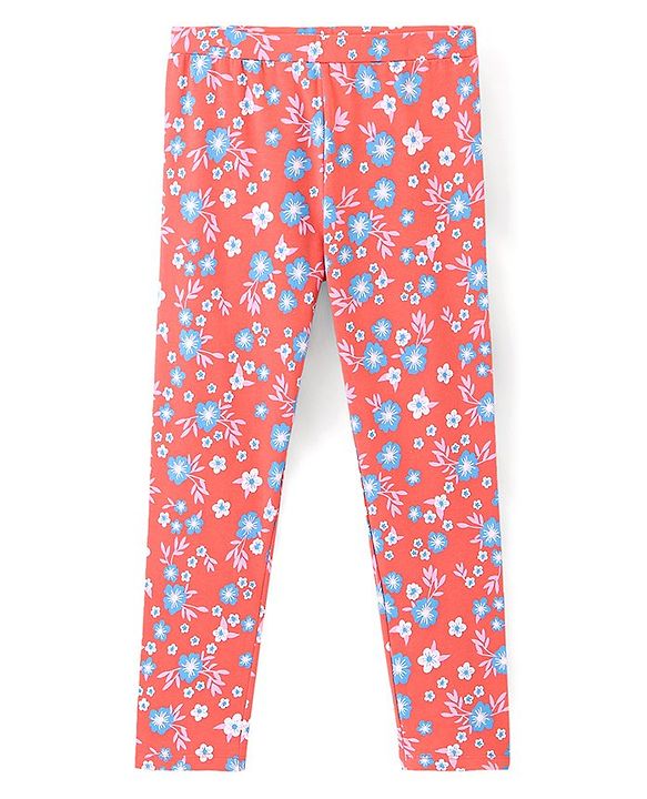 Pine Kids Full Length Stretchable & Biowashed Cotton Leggings Solid & Floral Print Pack Of 2 - Blue Red