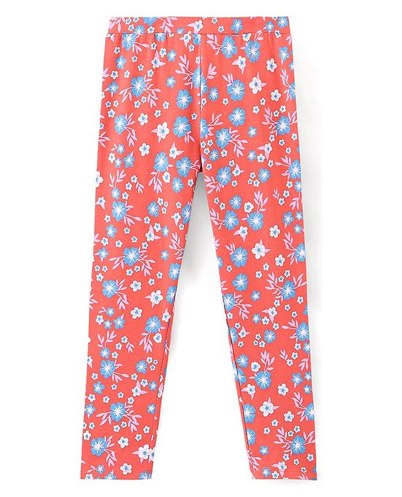 Pine Kids Full Length Stretchable & Biowashed Cotton Leggings Solid & Floral Print Pack Of 2 - Blue Red