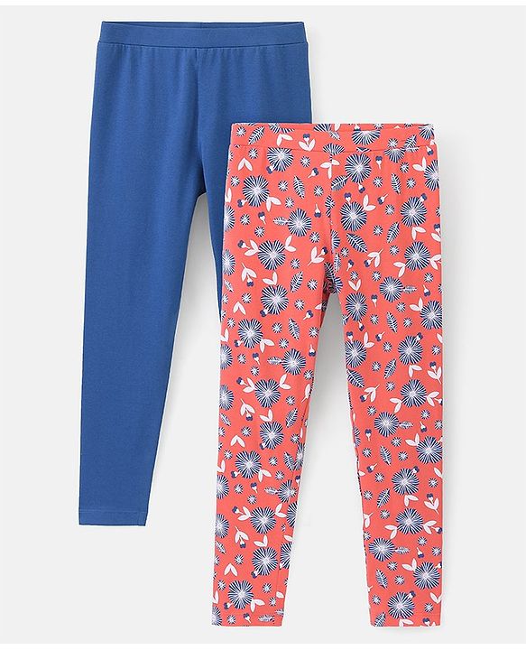 Pine Kids Full Length Stretchable & Biowashed Cotton Leggings Solid & Floral Print Pack Of 2 - Blue Pink