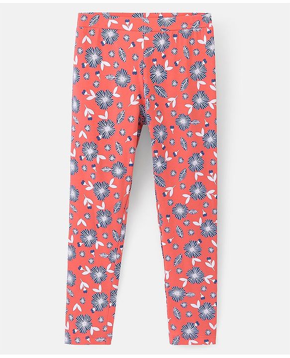 Pine Kids Full Length Stretchable & Biowashed Cotton Leggings Solid & Floral Print Pack Of 2 - Blue Pink