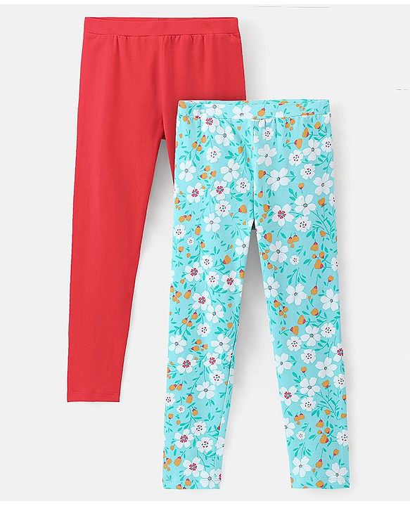 Pine Kids Full Length Stretchable & Biowashed Cotton Leggings Solid & Floral Print Pack Of 2 - Red Blue