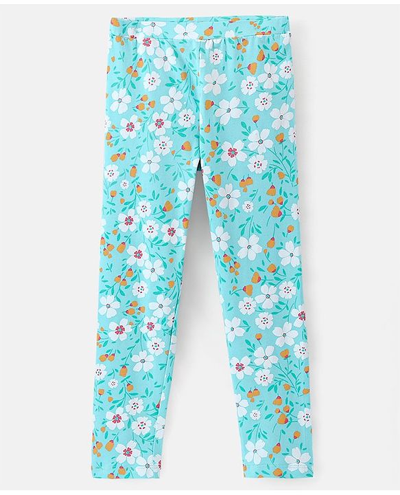 Pine Kids Full Length Stretchable & Biowashed Cotton Leggings Solid & Floral Print Pack Of 2 - Red Blue