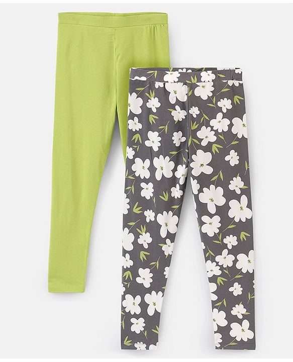 Pine Kids Full Length Cotton Biowashed Stretchable Leggings Floral Print & Solid Pack Of 2 - Green Grey