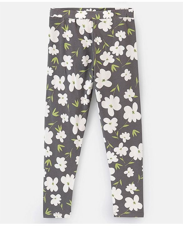 Pine Kids Full Length Cotton Biowashed Stretchable Leggings Floral Print & Solid Pack Of 2 - Green Grey