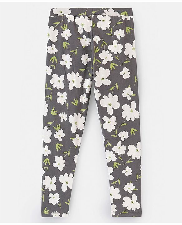 Pine Kids Full Length Cotton Biowashed Stretchable Leggings Floral Print & Solid Pack Of 2 - Green Grey