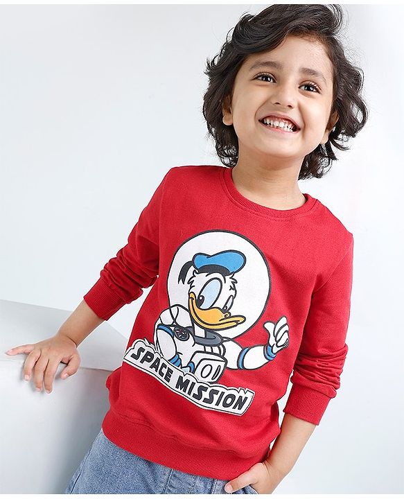 Babyhug Full Sleeves Cotton Knit Donald Duck Sweatshirt with Foil Print - Red