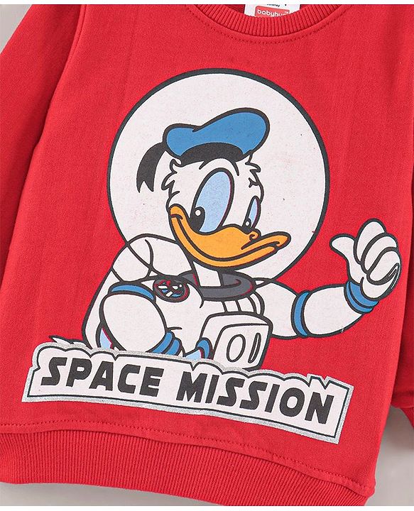 Babyhug Full Sleeves Cotton Knit Donald Duck Sweatshirt with Foil Print - Red