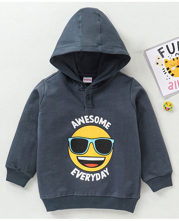 Babyhug Cotton Knit Full Sleeves Emoji Print Hooded Sweatshirt - Charcoal Grey