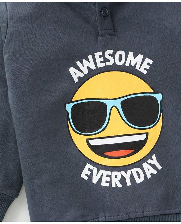 Babyhug Cotton Knit Full Sleeves Emoji Print Hooded Sweatshirt - Charcoal Grey