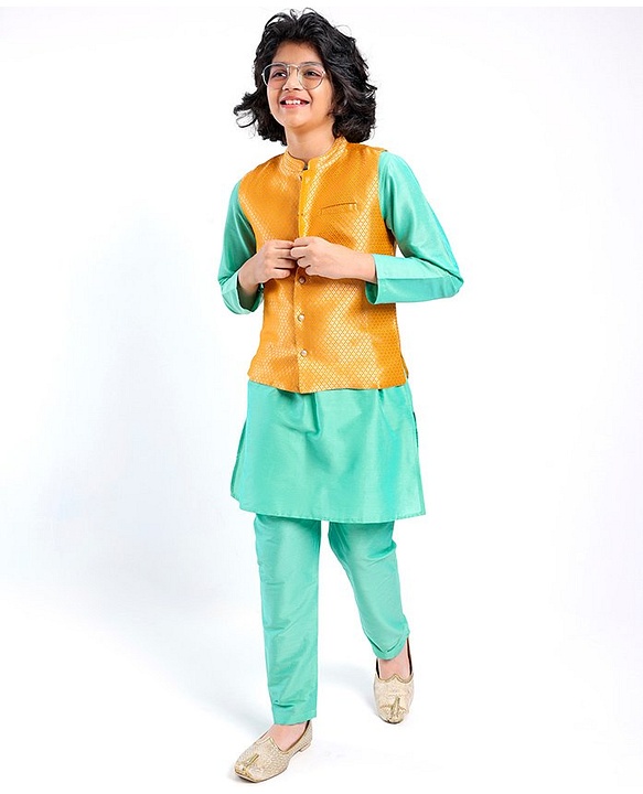 Pine Kids Full Sleeves Kurta Pyjama Set with Nehru Jacket - Radiance Blue