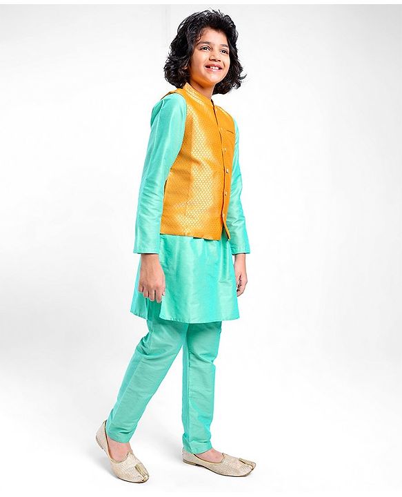 Pine Kids Full Sleeves Kurta Pyjama Set with Nehru Jacket - Radiance Blue