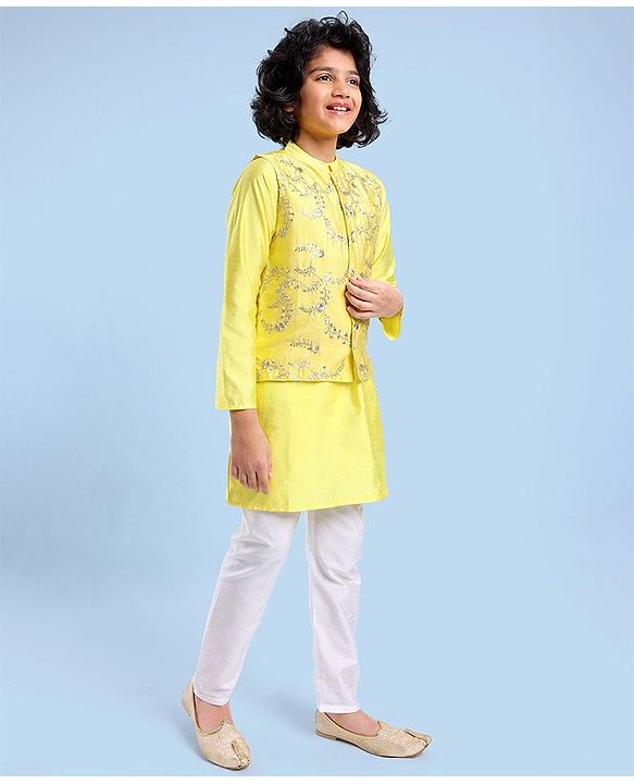 Pine Kids Full Sleeves Kurta Pyjama Set with Embroidered Bandi - Yellow