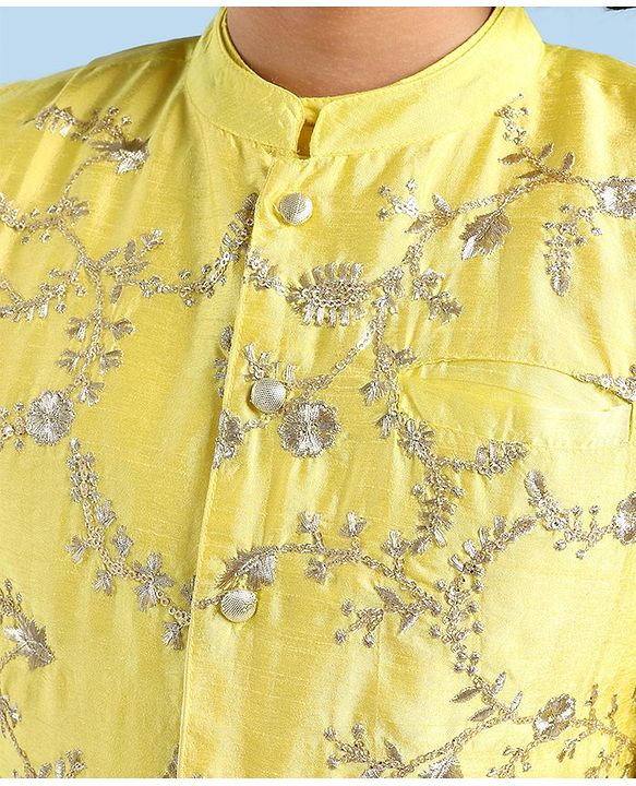 Pine Kids Full Sleeves Kurta Pyjama Set with Embroidered Bandi - Yellow