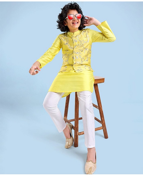 Pine Kids Full Sleeves Kurta Pyjama Set with Embroidered Bandi - Yellow